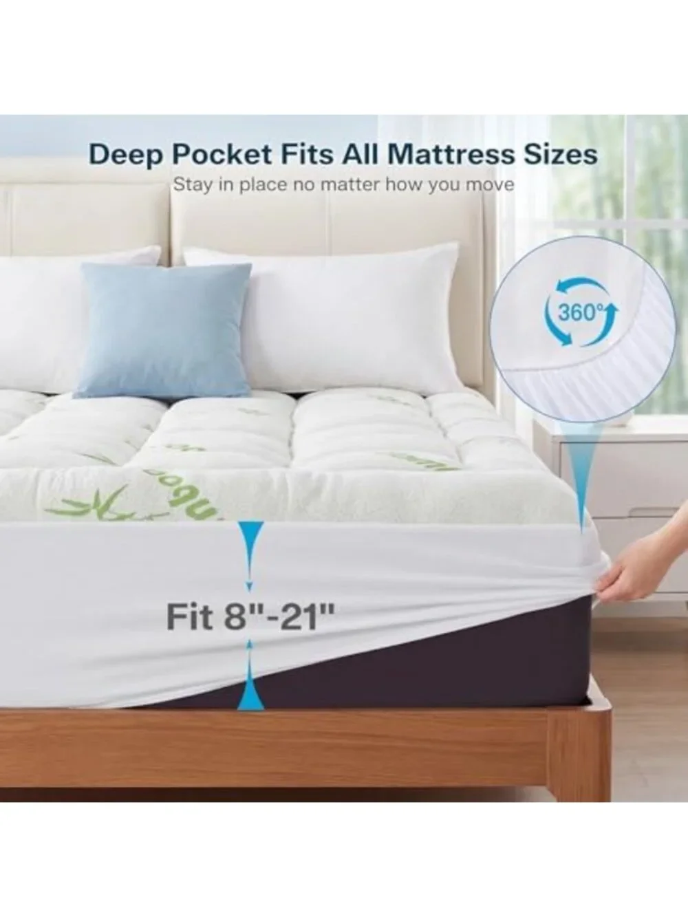 Extra Thick Waterproof Queen Mattress Topper - Cooling Bamboo Pad for Back Pain